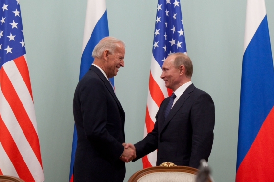 Vice President Joe Biden greets Russian Prime Minister Vladimir Putin at the Russian White House