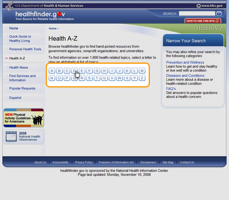 "Health A-Z" home page with highlight on the "A to Z" list, a group of links to alphabetized health topics.