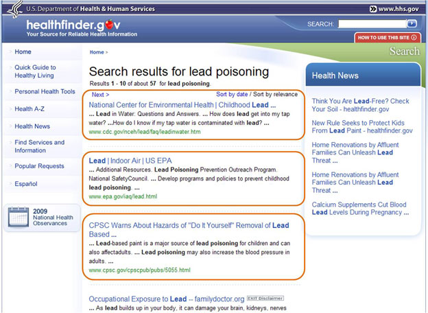 Healthfinder.gov page with highlight outlining search results for lead poisoning topics