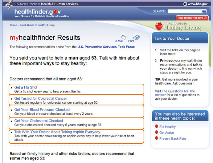 The myhealthfinder page with highlight outlining findings from search results from myhealthfinder personalization