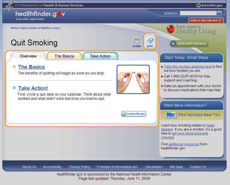 The Quick Guide to Healthy Living page with highlight outlining the Quit Smoking Overview topics