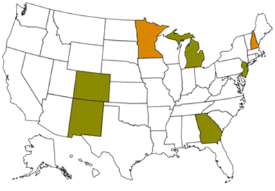 Map of Program Pilot States, States Grantees; Green States—Colorado, Georgia, Michigan, New Jersey, New Mexico, funded August 2009. Orange States—Minnesota and New Hampshire, funded August 2010.