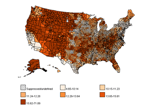 Map indicating sucide rates across the U.S. Click for larger version