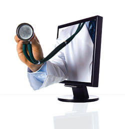 A stethoscope coming out of a computer screen