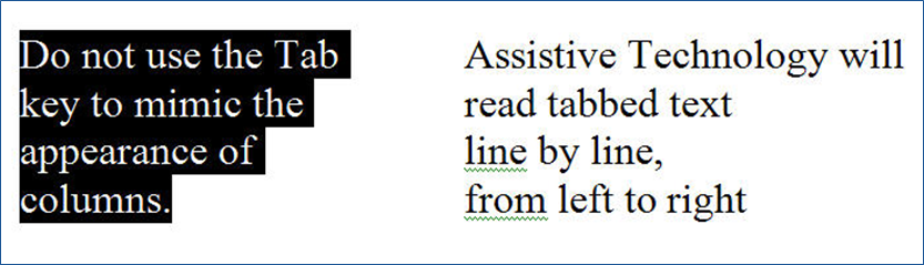 Graphic with two columns. The first columun highlights the text 'Do not use Tab key to mimic the appearance of columns.' The second column contains the unhighlighted text, 'Assistive Technolgy will read tabbed text line by line, from left to right.'