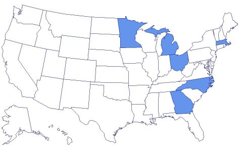 Paul Coverdell National Acute Stroke Registry states in 2009 are Georgia, Massachusetts, Michigan, Minnesota, Ohio, and North Carolina.