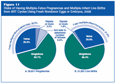 Figure 11: Risks of Having Multiple-Fetus Pregnancies and Multiple-Infant Live Births from ART Cycles Using Fresh Nondonor Eggs or Embryos, 2008.