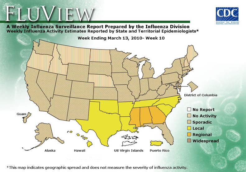 FluView, Week Ending March 13, 2010. Weekly Influenza Surveillance Report Prepared by the Influenza Division. Weekly Influenza Activity Estimate Reported by State and Territorial Epidemiologists. Select this link for more detailed data.