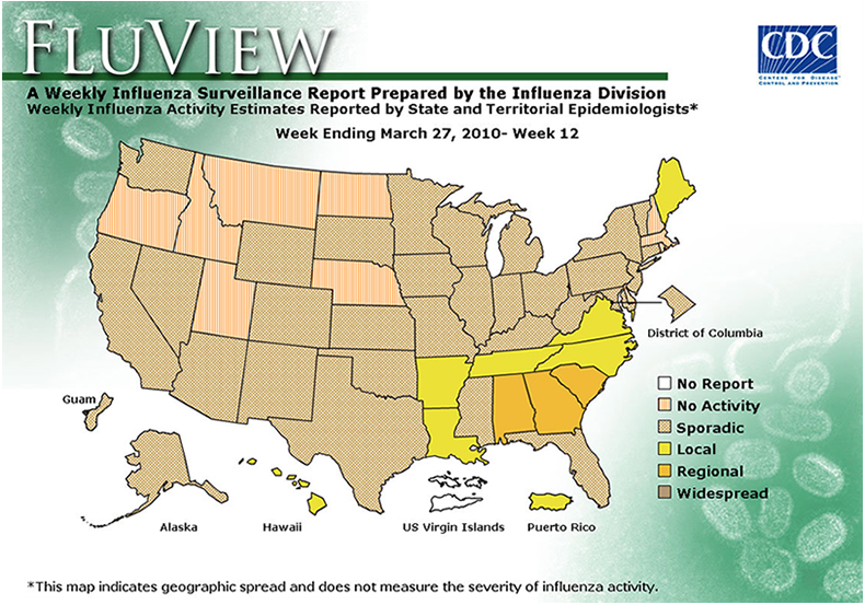 FluView, Week Ending March 27, 2010. Weekly Influenza Surveillance Report Prepared by the Influenza Division. Weekly Influenza Activity Estimate Reported by State and Territorial Epidemiologists. Select this link for more detailed data.