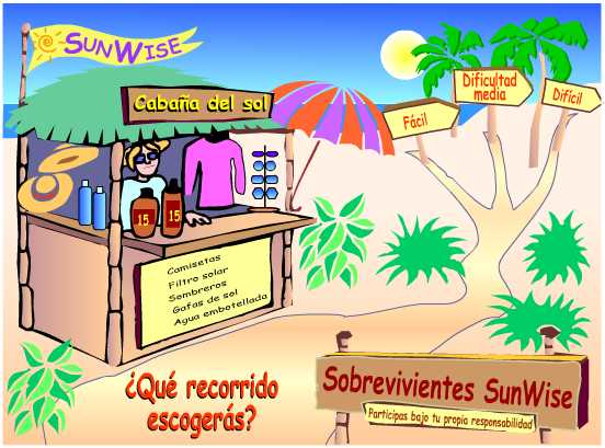 Un dibujo: La cabaña del sol dom SunWise vende productos de protección solar. Un camino marcado SunWise sobrevivientes aleja hacia fácil, medio, difícil y desafíos (actividades).
