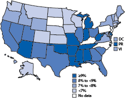 Prevalence of current depression among adults aged 18 years or older, by state quartile—Behavioral Risk Factor Surveillance System, United States, 2006.