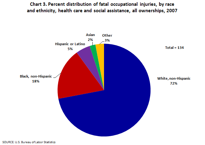 Chart 3. Percent distribution of fatal occupational injuries, by race
and ethnicity, health care and social assistance, all ownerships, 2007