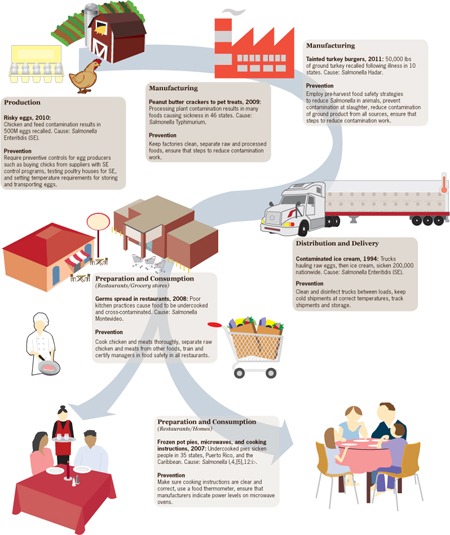 This diagram illustrates the different places on the farm to the table chain where food was contaminated with Salmonella. Click to view larger image.