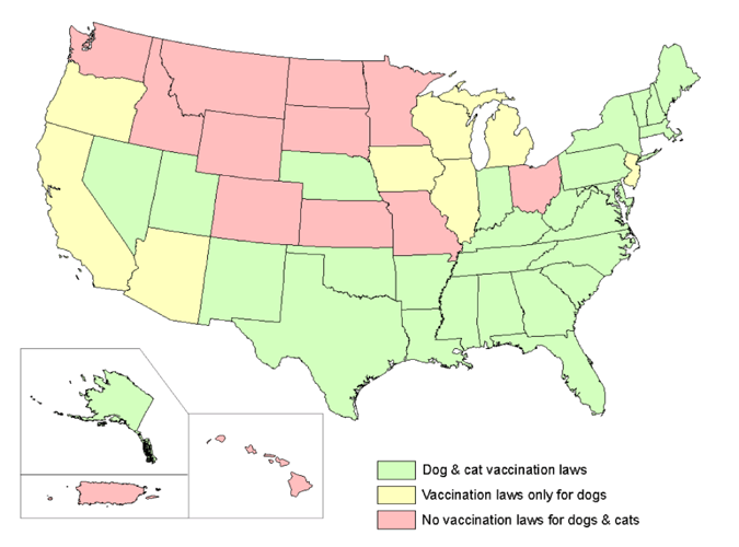 A map of vaccination laws by state in the United States and Puerto Rico.