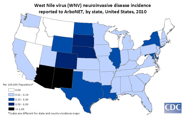 West Nile Virus Incidence Map by State 2010 in the United States 