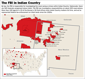 The FBI in Indian CountryBy law, the FBI is responsible for investigating the most serious crimes within Indian Country. Nationwide, there are 565 federally recognized Indian tribes. The FBI has investigative responsibilities on about 200 reservations. More than 100 agents in 19 of the Bureau’s 56 field offices work Indian Country matters full time, and we’ve represented federal law enforcement on tribal lands since the 1920s.