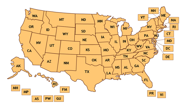 Map of the United States. Click on a state for more info on State Immunizations websites.