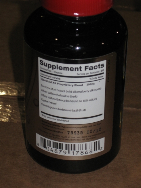 back side of bottle of ejaculoid XXTREMEM showing UPC information and supplement facts