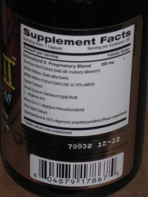 back of bottle of Stimuloid II showing UPC information and supplement facts