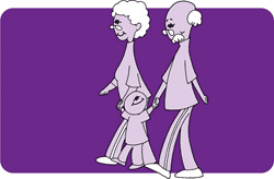 Illustration: Grandparents walking with thier grandchild.