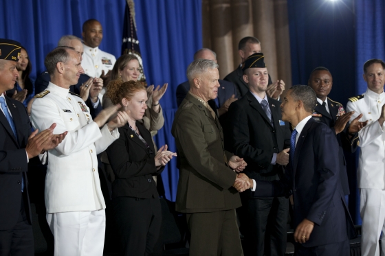 President Barack Obama Shakes Hands after Announcing a Jobs Initiative for Post 9-11 Veterans