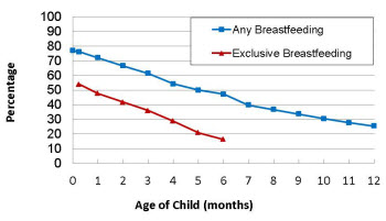 Provisional Rates of Any and Exclusive Breastfeeding by Age among Children Born in 2009, National Immunization Survey For data, see below.