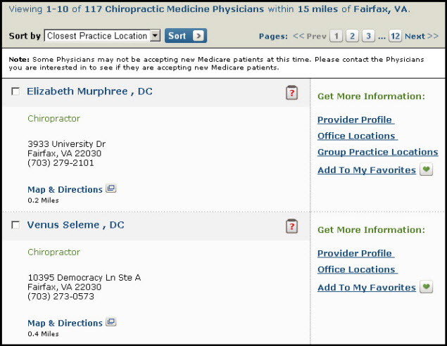 Screenshot of provider search results