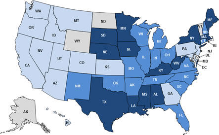 Map of the United States showing HPV-Associated Penile Cancer Incidence Rates by State.