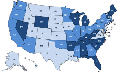 Map of the United States showing HPV-Associated Oropharyngeal Cancer Incidence Rates in Females by State.