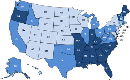 Map of the United States showing HPV-Associated Oropharyngeal Cancer Incidence Rates in Males by State.
