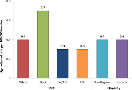 Graph showing the age-adjusted incidence rates for vaginal cancer in the United States during 2004 to 2008 by race and ethnicity.