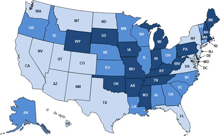 Map of the United States showing HPV-Associated Vulvar Cancer Incidence Rates by State.