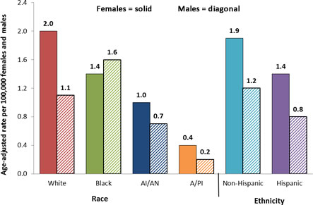 Graph showing the age-adjusted incidence rates for anal cancer in the United States during 2004 to 2008 by race, ethnicity, and sex.