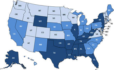 Map of the United States showing HPV-Associated Cervical Cancer Incidence Rates by State.