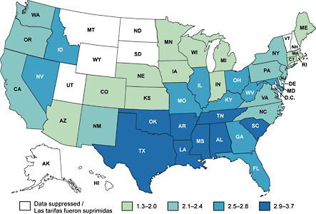 Map of the United States showing cervical cancer death rates by state.
