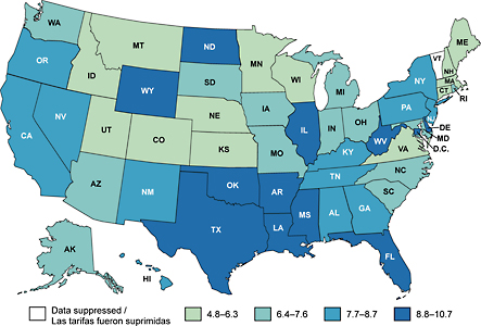 Map of the United States showing cervical cancer incidence rates by state.