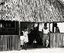 Thatched Roof Building Shaded by Palm Trees with People Standing at Entrance