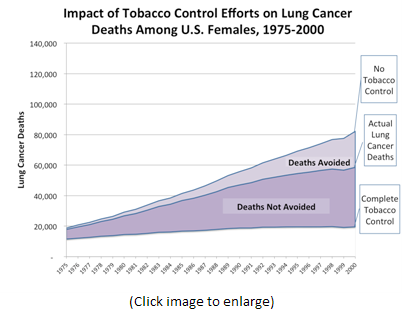 This line chart plots lung cancer death rates from 1975-2000, under the three scenarios studied by the researchers; i.e., No Tobacco Control, Actual Tobacco Control, and Complete Tobacco Control. This chart provides data for U.S. Women.