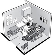 Illustration showing doctor in exam room with woman lying on exam table.  A wheelchair is parked beside the exam table.