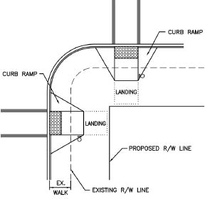 Engineering drawing showing curb extension (a bulbout into the parking lane at a corner) to add enough width to an existing sidewalk to accommodate new perpendicular curb ramps with landings at each crossing. APS locations are indicated.
