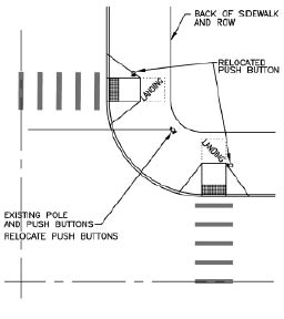 Engineering drawing showing installation of stub poles for pedbuttons at tops of ramps, relocated from a single pole at the corner apex in order to separate audible indications and provide button and tone at the departure curb where it is most useful.