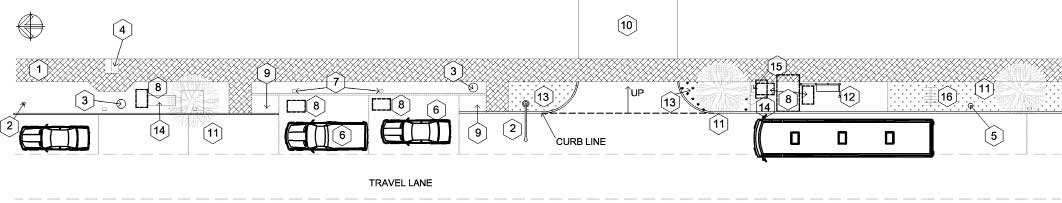 CAD drawing showing pedestrian features that can be accommodated on a wide sidewalk (12 feet)