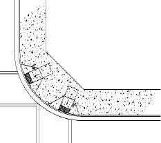 CAD drawing of paired perpendicular curb ramps on radius in wide sidewalk at 30-foot radius corner; APS locations indicated.
