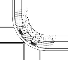 CAD drawing of paired perpendicular curb ramps on radius in sidewalk with continuous parkway on 30-foot radius corner; APS locations indicated.