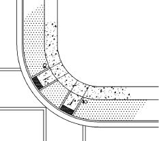 CAD drawing of paired perpendicular curb ramps on radius on sidewalk with continuous parkway on 30-foot radius corner; APS locations indicated.