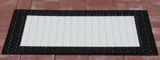 Figure 3. Photo. Black-and-White Patterned Detectable Warnings. This figure shows each of the three black-and-white patterned detectable warnings used in this study. The first has a black center and a white border, the second has longitudinal black and white stripes, and the third has a white center and a black border. The name of each detectable warning is presented to the left of its photo.