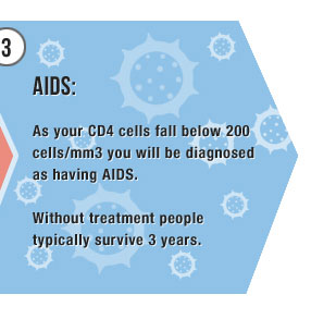 3) AIDS: As your CD4 cells fall below 200 cells/mm3 you will be diagnosed as having AIDS. Without treatment people typically survive 3 years.