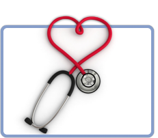A red stethoscope in the shape of a heart