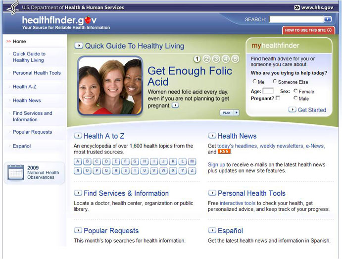 The healthfinder.gov home page