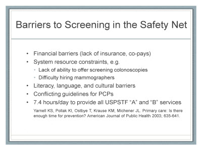 Barriers to Screening in the Safety Net. Text Description is below the image.